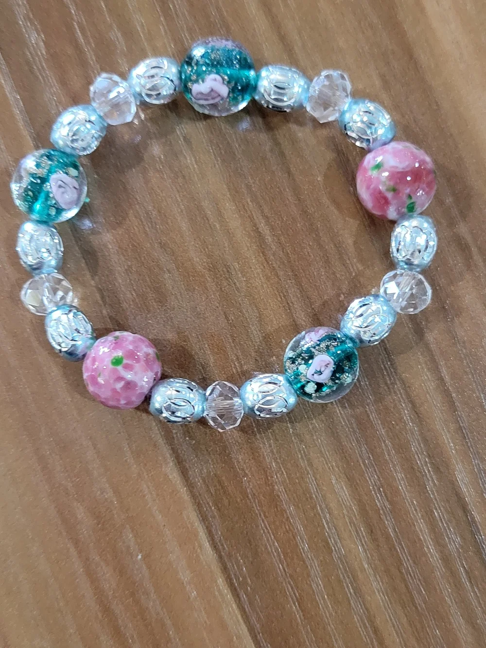 Pink & Teal Floral Bead Stretch Bracelet